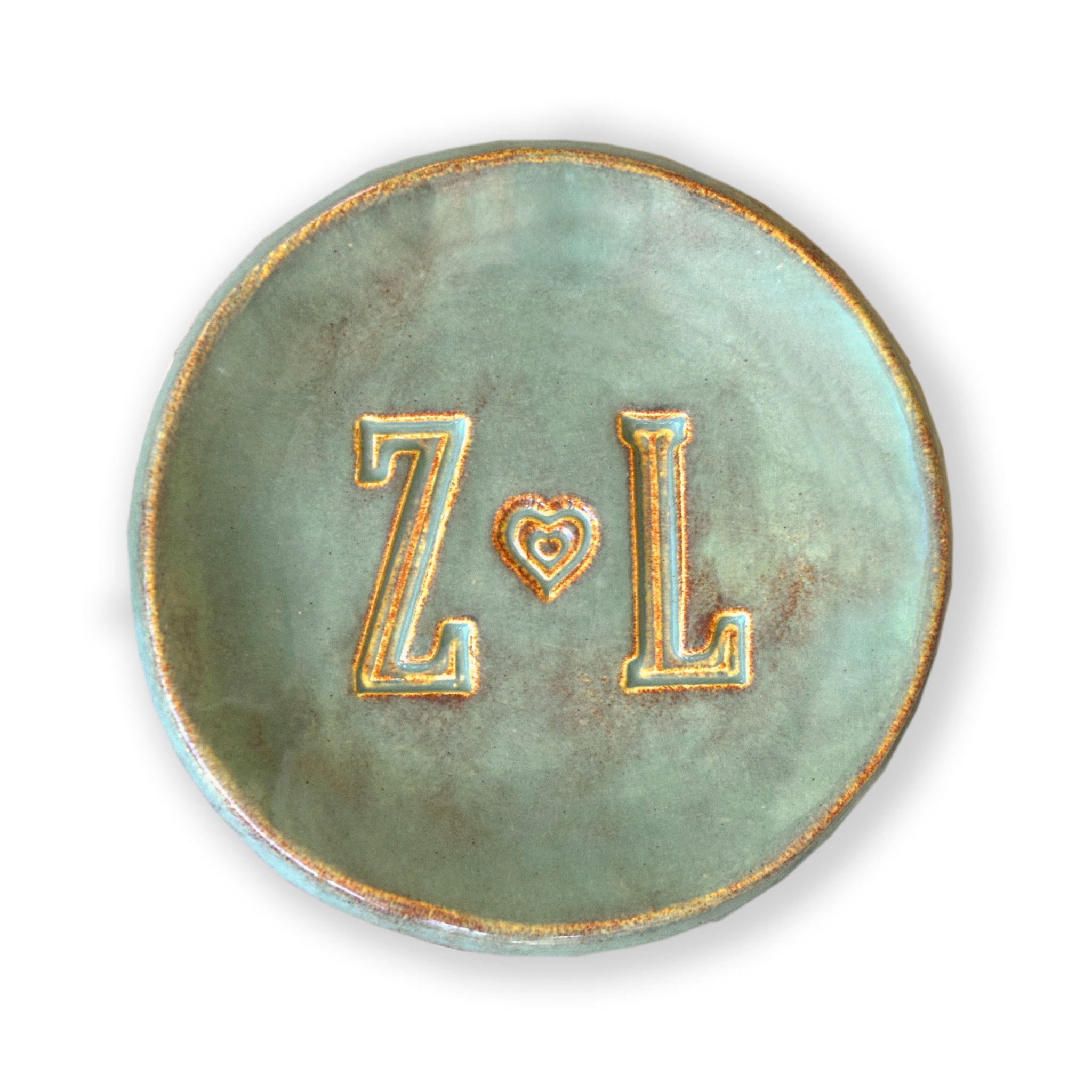 big personalized ring dish rustic dark green handmade ceramic pottery wedding bowl has gold trim accents, 2 gold name initials and date, customized couple anniversary plate, jewelry trinket holder