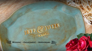 custom name wedding platter rustic green gloss plate, 2 gold names and date pottery anniversary gift