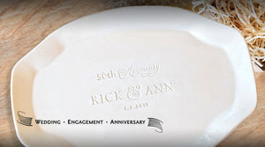 personalized pottery platter engraved with names and wedding date for anniversary celebration gift 