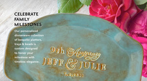 large custom pottery anniversary dish rustic green personalize platter serving tray impressed with 2 gold names, date and script word 9th anniversay