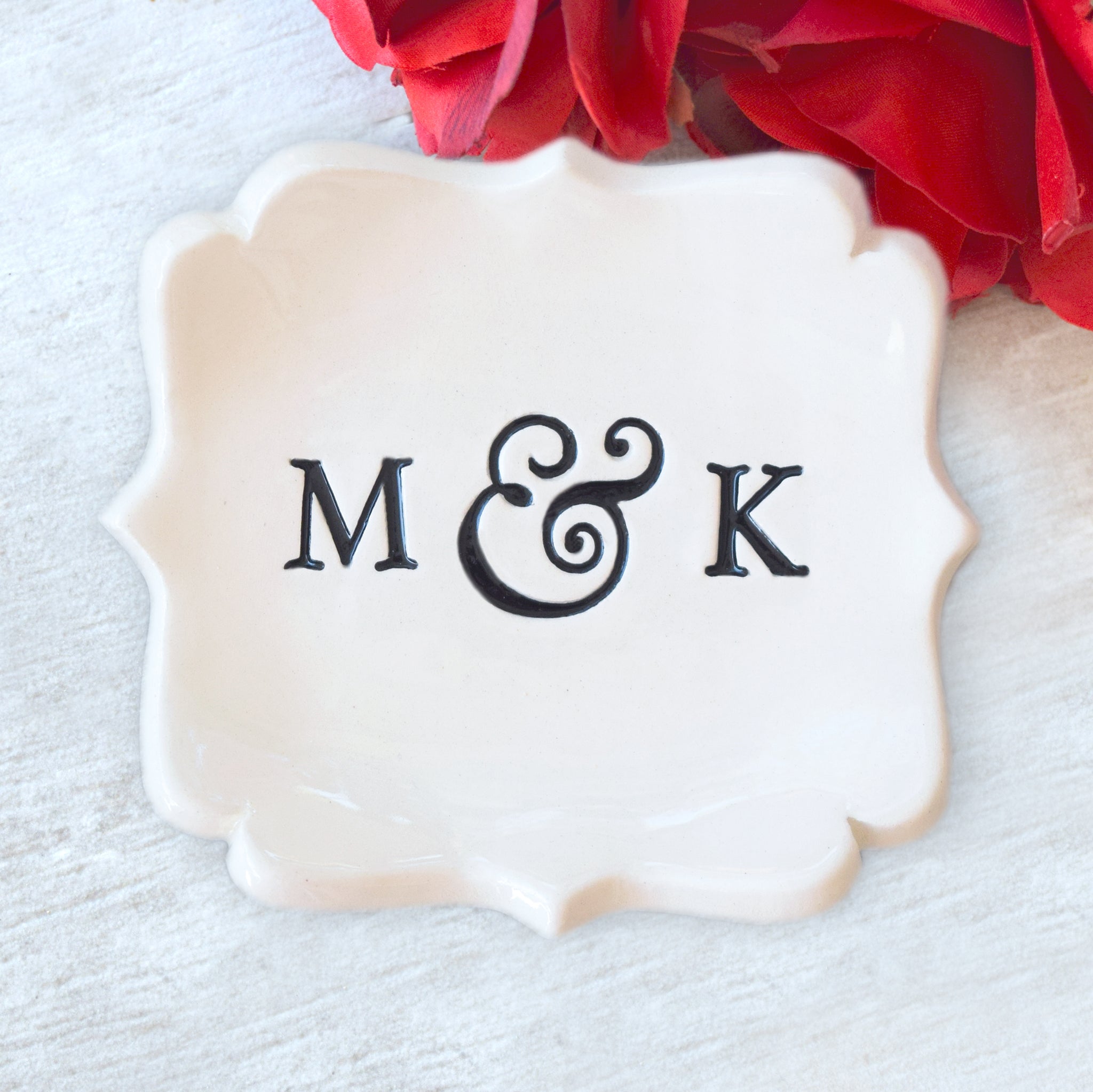 Modern square ceramic tray with curvy sides, wedding ring dish with engraved initials and date, hand painted black letters, personalized wedding ring dish couple's anniversary keepsake