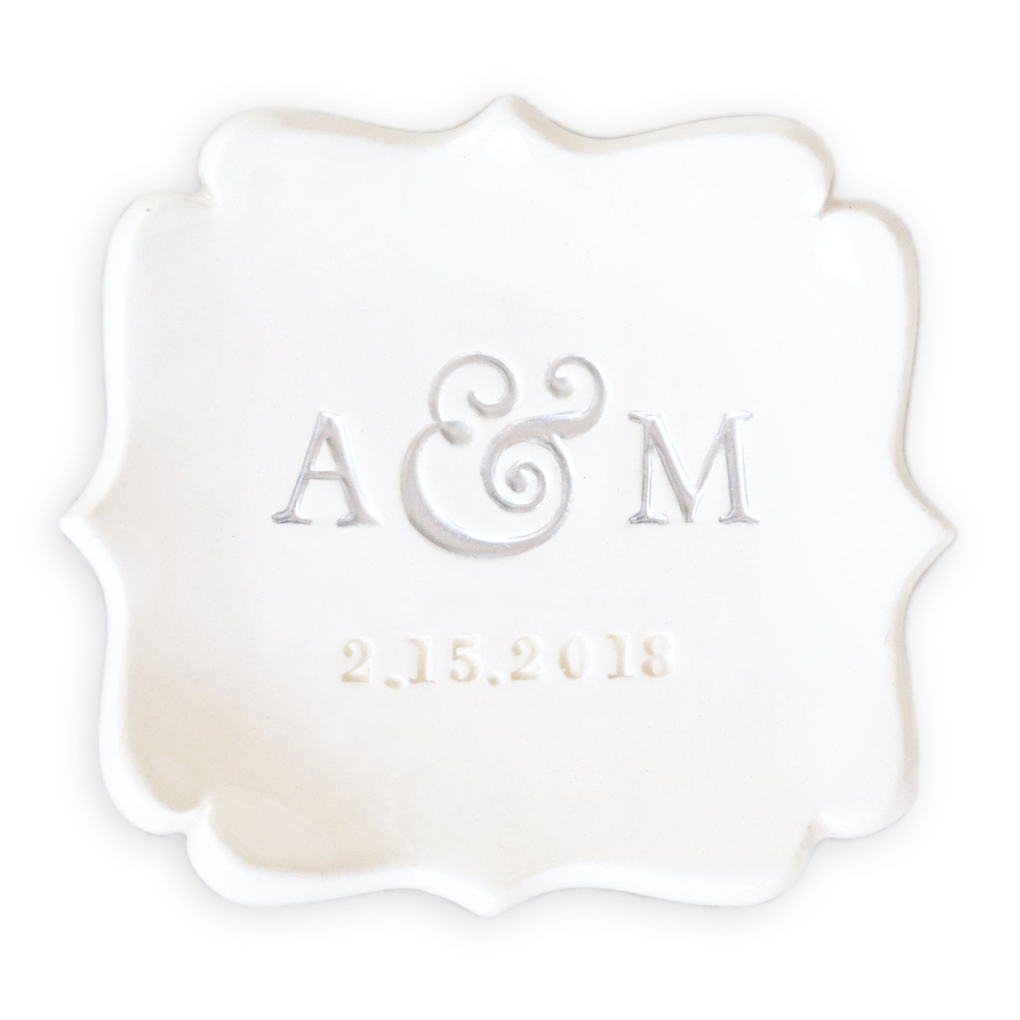 Modern square ceramic tray with curvy sides, wedding ring dish with engraved initials and date, hand painted silver letters, personalized wedding ring dish couple's anniversary keepsake