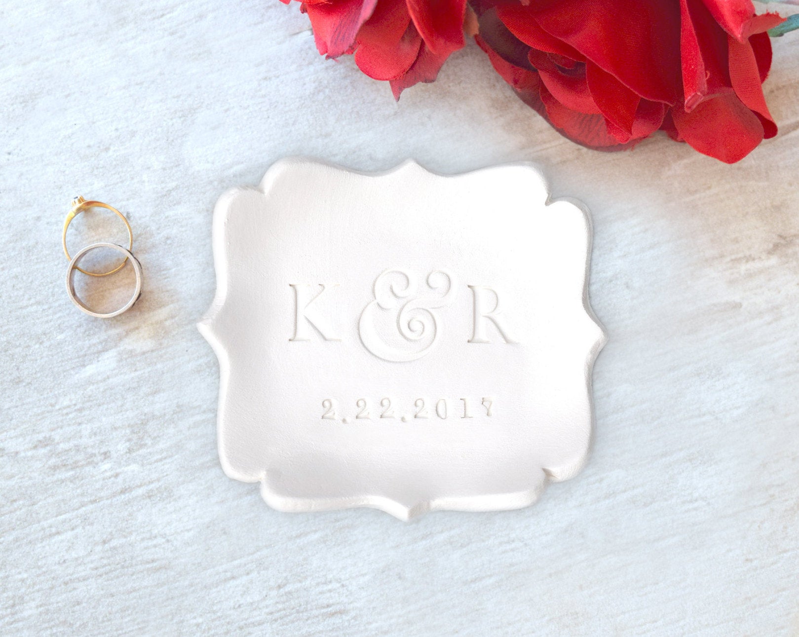 Modern minimalist square ceramic tray with curvy sides, wedding ring dish with engraved initials and date, personalized wedding ring dish couple's anniversary keepsake