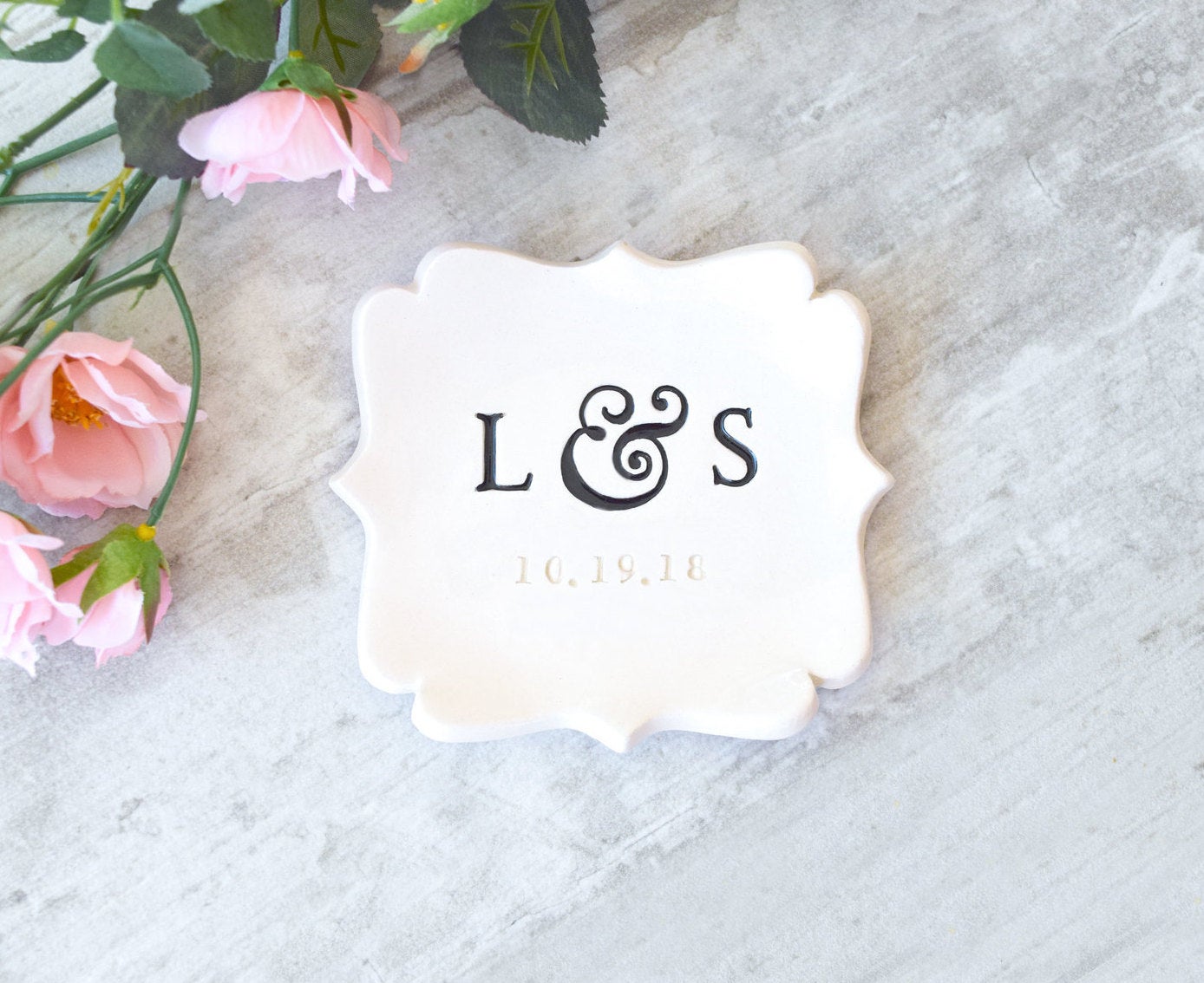 Modern square ceramic tray with curvy sides, wedding ring dish with engraved initials and date, hand painted black letters, personalized wedding ring dish couple's anniversary keepsake