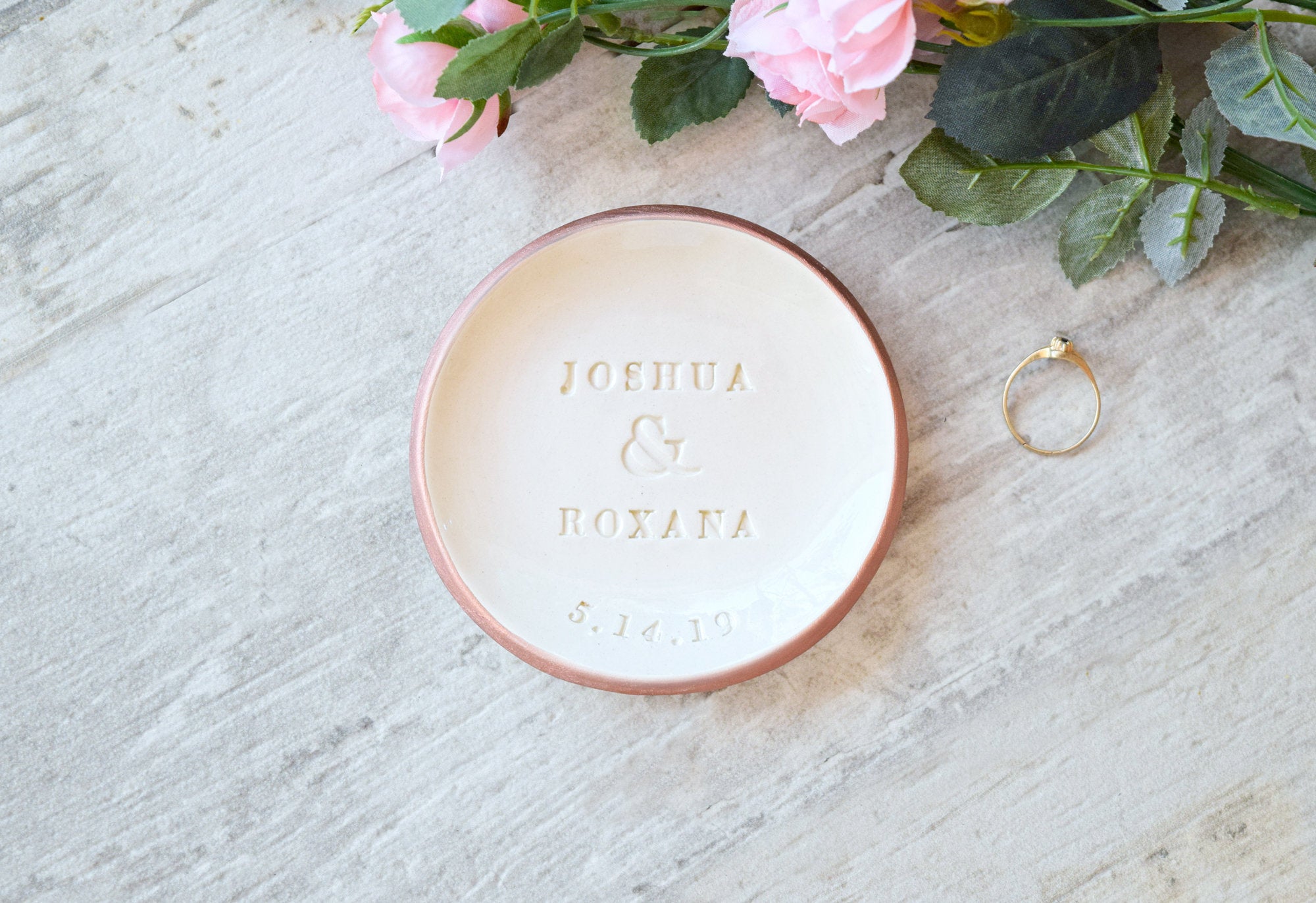rose gold rim modern large white gloss ceramic clay plate personalize wedding ring dish engraved with custom date & 2 names stamped in clay