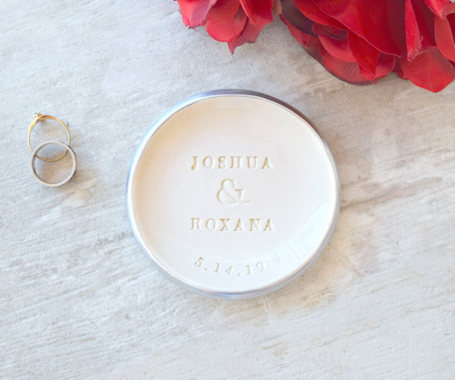 handmade ceramic ring dish, modern silver rim white bowl embossed with names and wedding date, personalized wedding gift for couple milestone anniversary keepsake 
