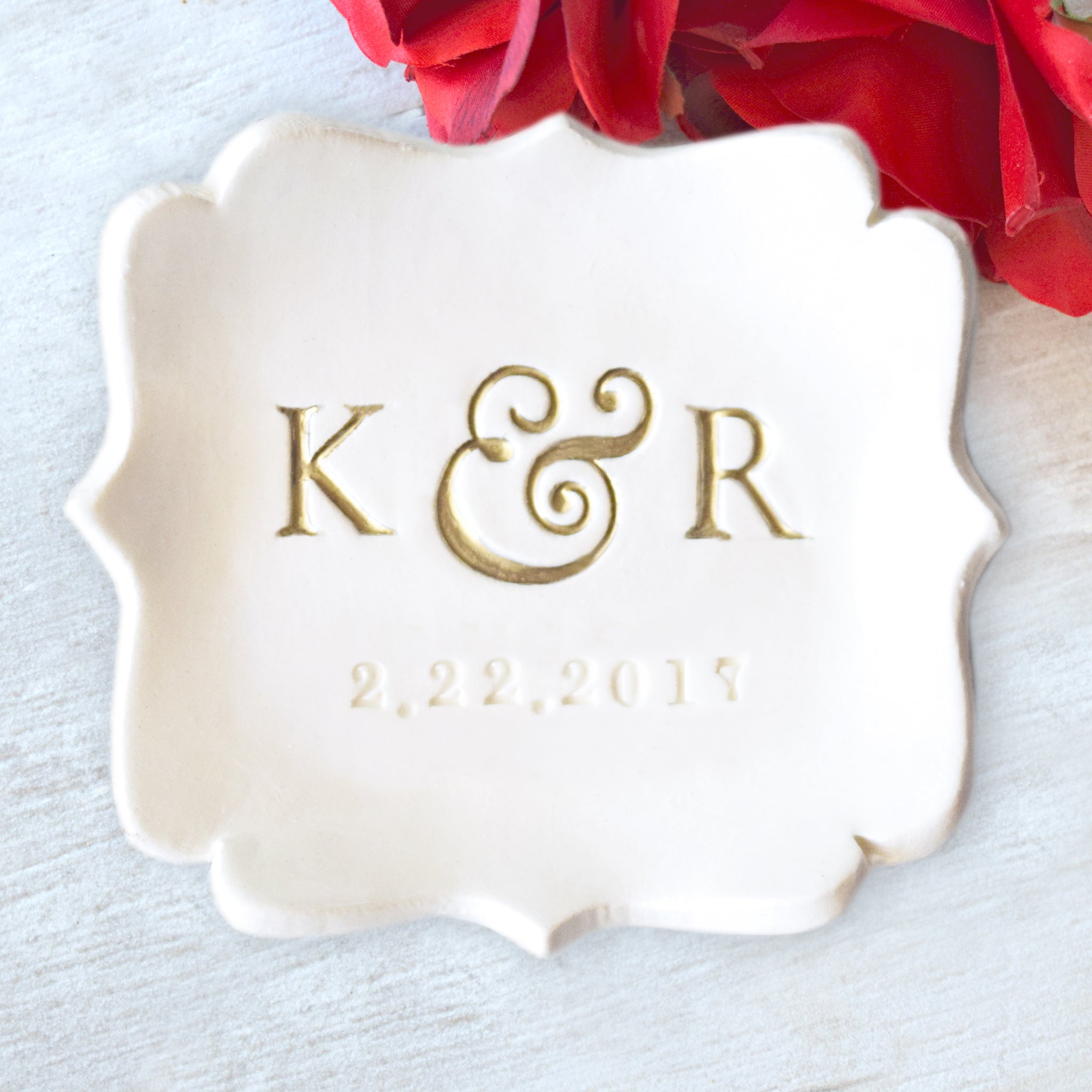 Elegant ring dish gold and white fancy square ceramic tray with curvy sides, wedding ring dish with engraved initials and date, hand painted gold letters, personalized wedding ring dish couple's anniversary keepsake