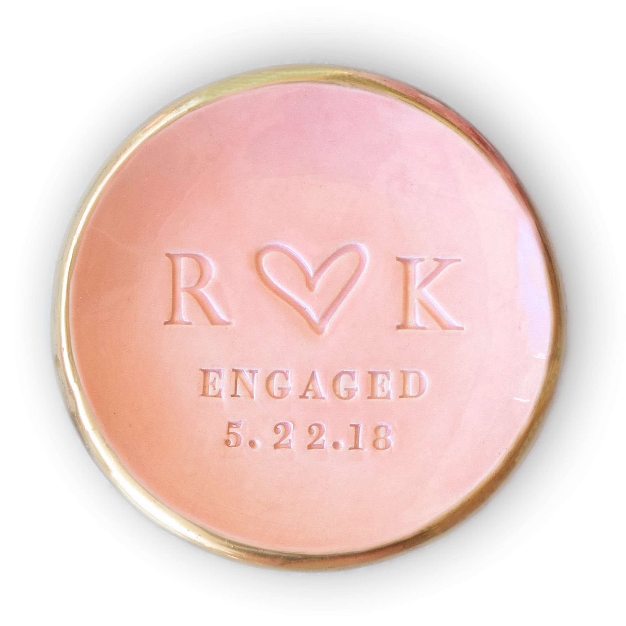 personalized engagement ring dish custom pottery pink bowl with gold trim, handmade ceramic tray engraved with initials, heart, word engaged & date. Country cottage chic home decor bowl for future bride to be marriage proposal keepsake plate.